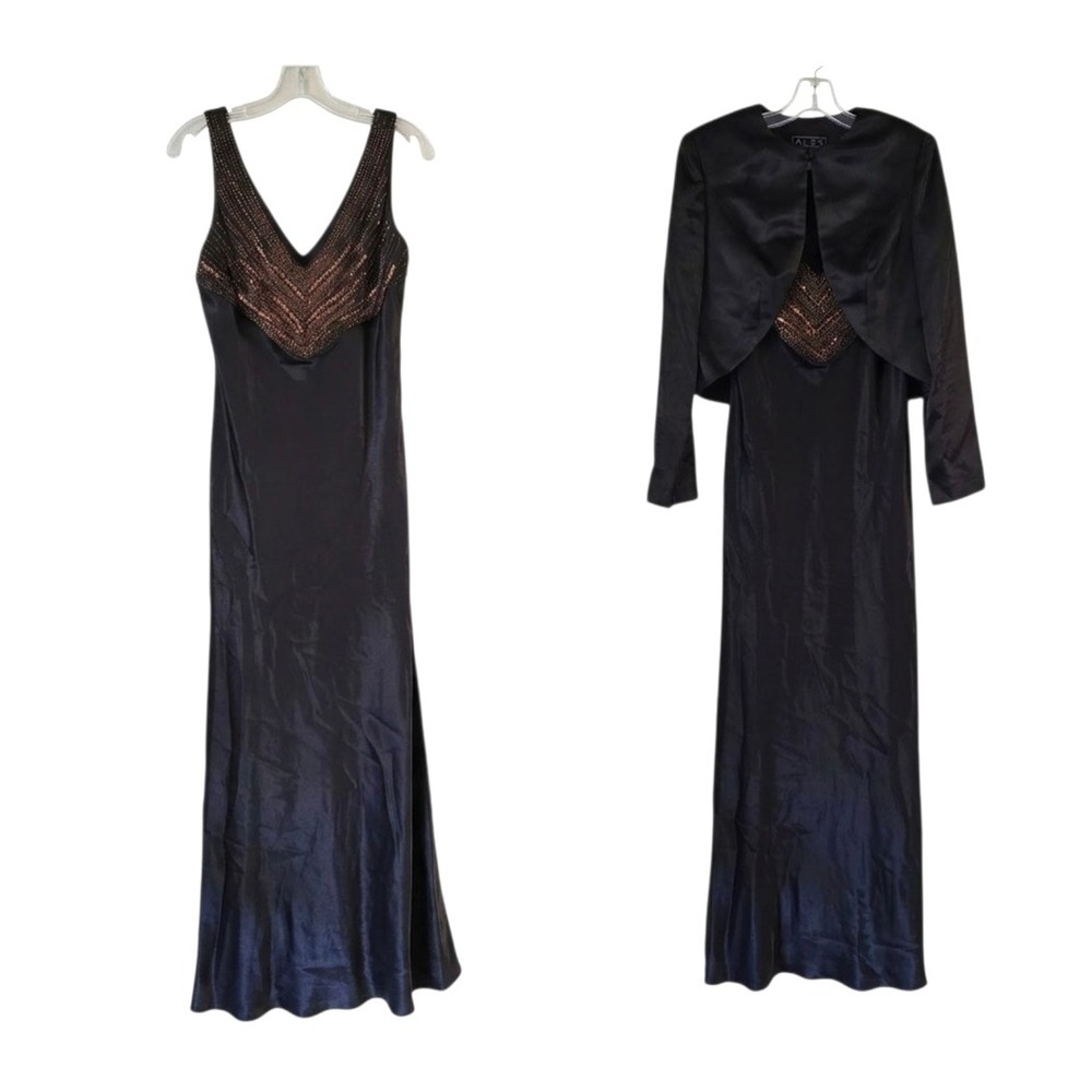 Alex Evenings Womens 2 Pc Set Beaded Maxi Dress and Bolero Brown Size 8 Y2K